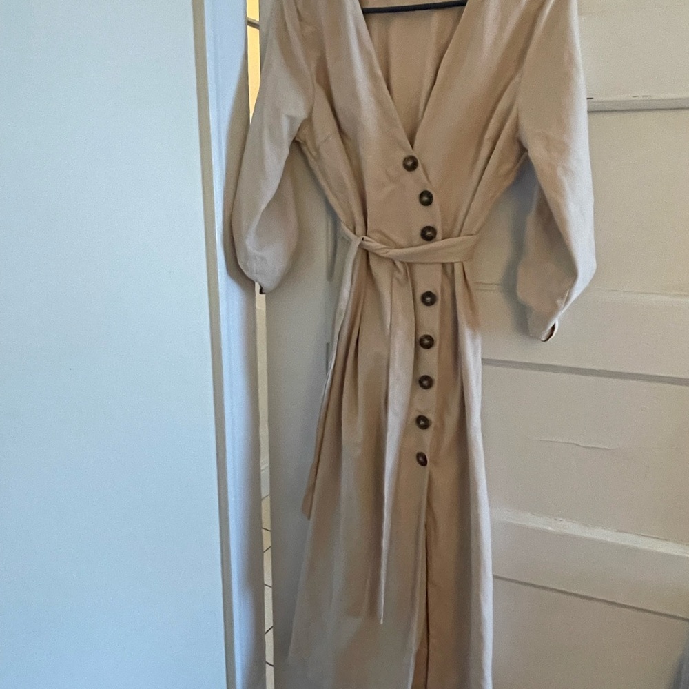 Lulu's Beige Long Sleeve Button-Down Dress